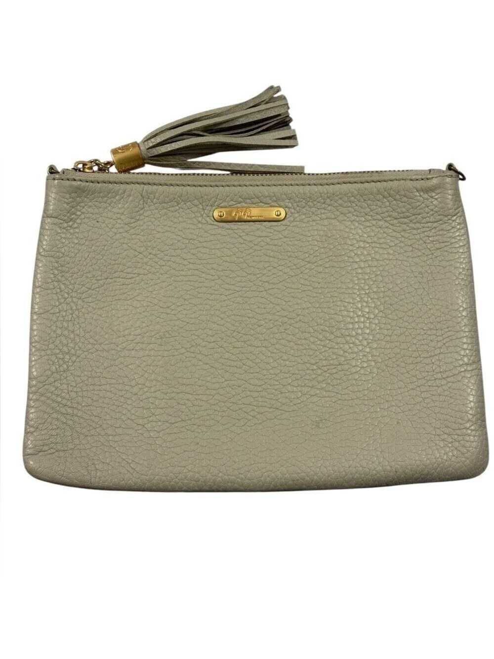 GiGi New York Gray Pebbled Leather Tassel Zip Pouch Clutch Wristlet